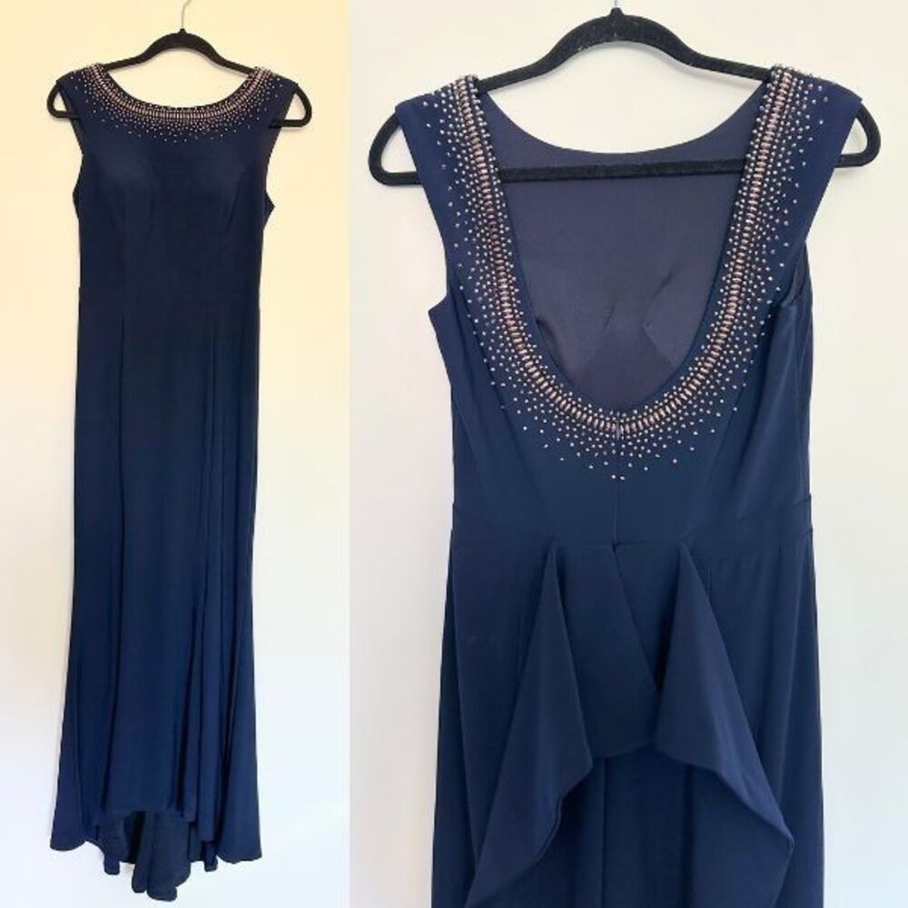 Xscape Beaded Ruffle Trumpet Hem Gown Navy Blue Mother of Bride Plunge Women's 6